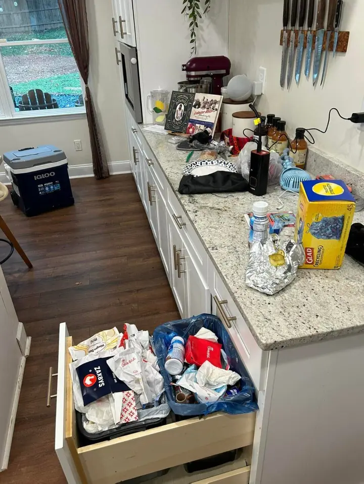 Before Fresh N Clean cleaning: cluttered, dirty kitchen.